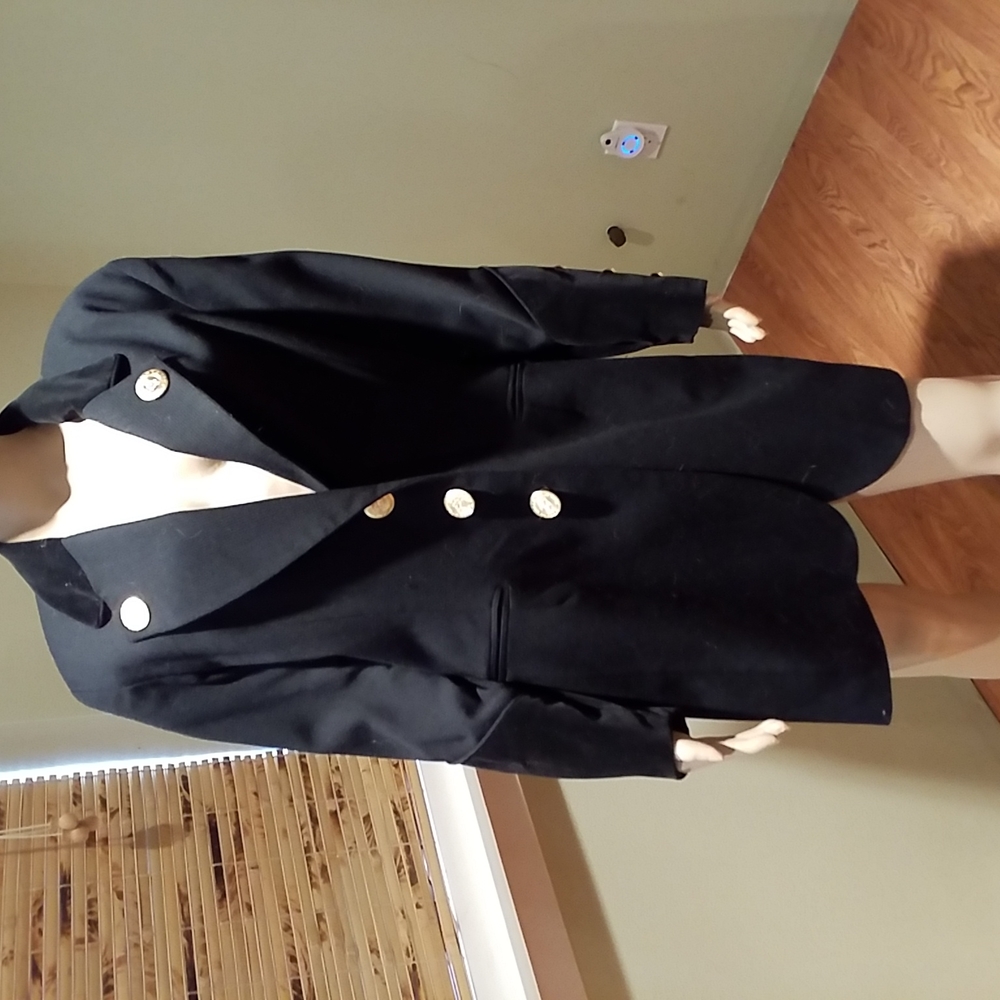 Black Wool Blazer By Item Velvet Trim Large Gold Buttons Size 12